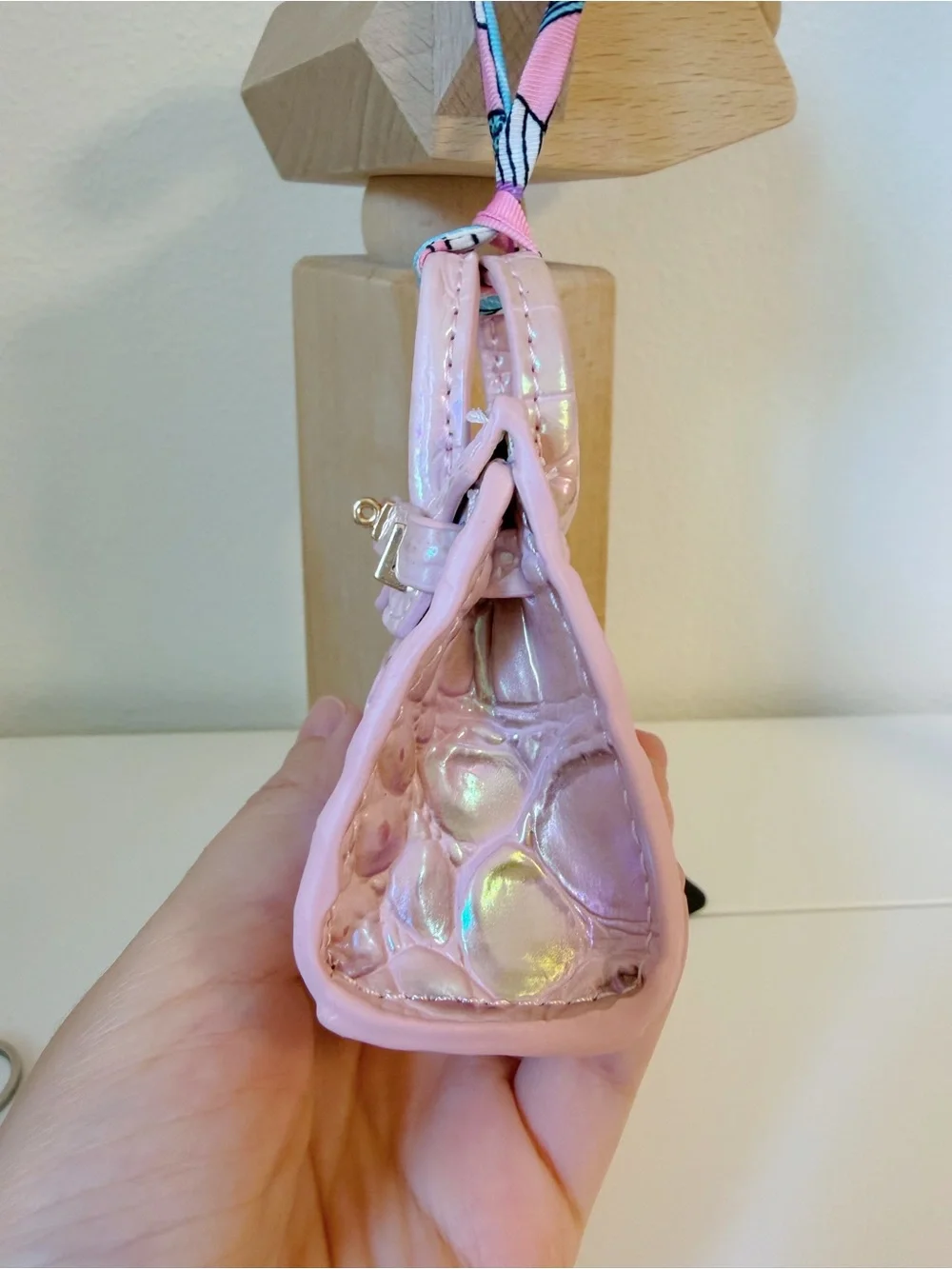 Iridescent Pearl Pink Croc Embossed Mini Bag Charm